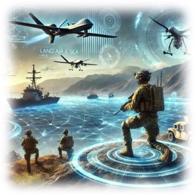 A picture showing land, sea and air military components