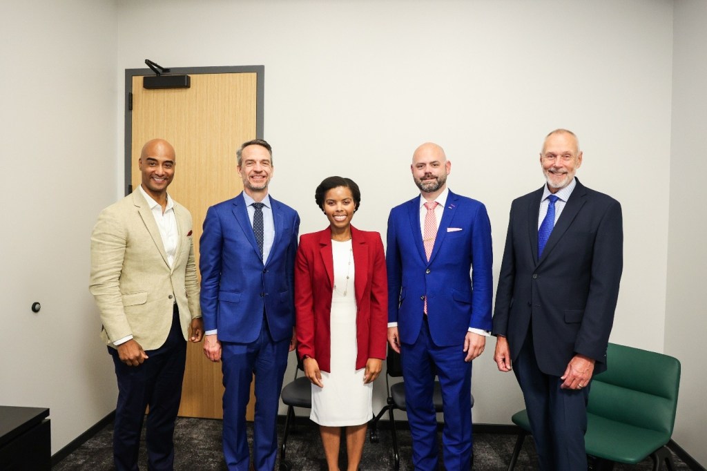 From left to right: Deputy Principal Director for FutureG Mr. Marlan Macklin (left); Former Deputy Assistant Secretary and U.S. Coordinator for International Communications and Information Policy, Bureau of Cyberspace and Digital Policy Ambassador Steve Lang; Federal Communications Commission Commissioner Olivia Trusty (middle); Principal Director for FutureG Dr. Tom Rondeau; Director of Applied Research for FutureG Dr. Martin Weiss (right) at the ISAC Strategy Summit on August 13, 2026.