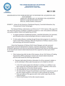 First page of USD RE Memo "Actions for the Protection of Intellectual Property, Controlled Information, Key Personnel, and Critical Technologies" of 20Mar2019